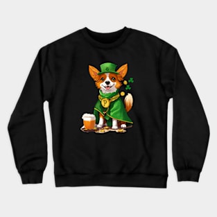 "Corgi in St. Patrick's Day costume with gold coins and clover." Crewneck Sweatshirt